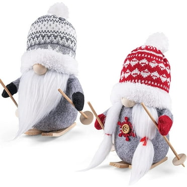 D-FantiX 2Pack Sled Christmas Gnomes Plush with Wood Skis and Ski Poles, Handmade Swedish Tomte Santa Scandinavian Figurine Nordic Plush Elf Doll Gnome Ornaments Christmas Decorations Home Decor