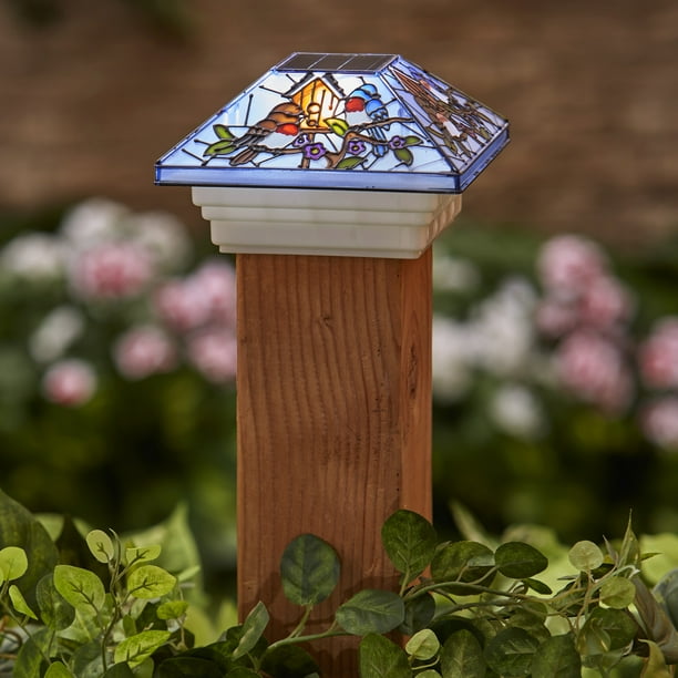 Faux Stained Glass Solar Post Cap Light with Various Birds Motif