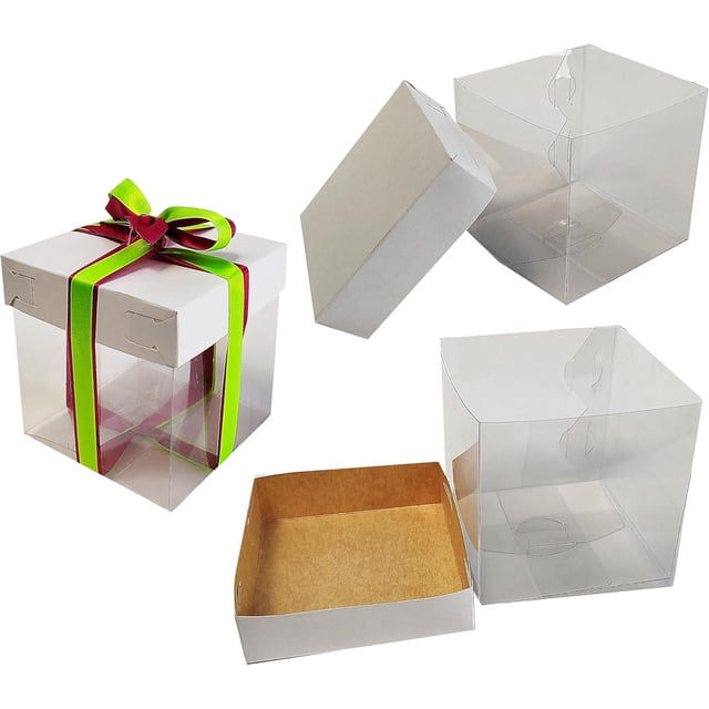 Cajas Acetato Transparente con Tapa Blanca, Armable para Regalos, Recuerdos, Fiesta, Repostería