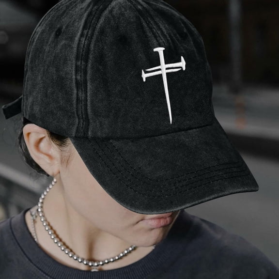 Womens and Mens Christian Jesus Cross Baseball Cap, Easter Cross Embroidered Adjustable Unisex Dad Hat, Retro Washed Vintage Cotton Curved Brim Baseball Cap for Summer Outdoor and Casual Wear Black