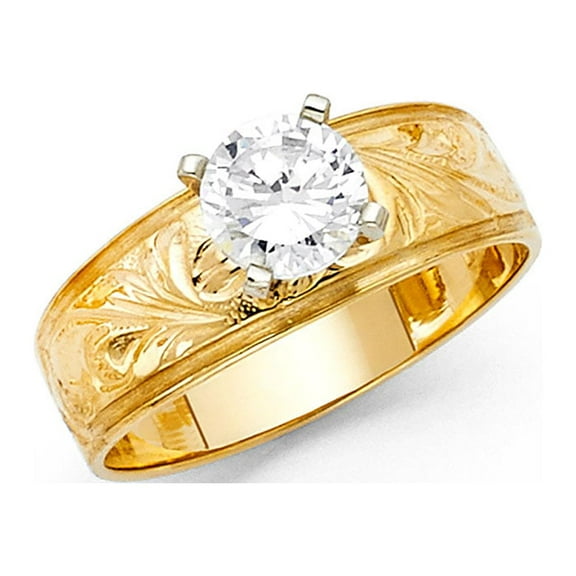 14k Yellow Gold CZ Solitaire Engagement Ring Band Anniversary Round Single Stone CZ Fancy Band, Size 7