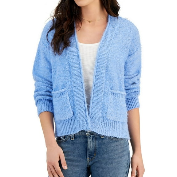 Hooked Up by IOT Womens Eye Lash Open Front Cardigan Sweater, Blue, Juniors, Large