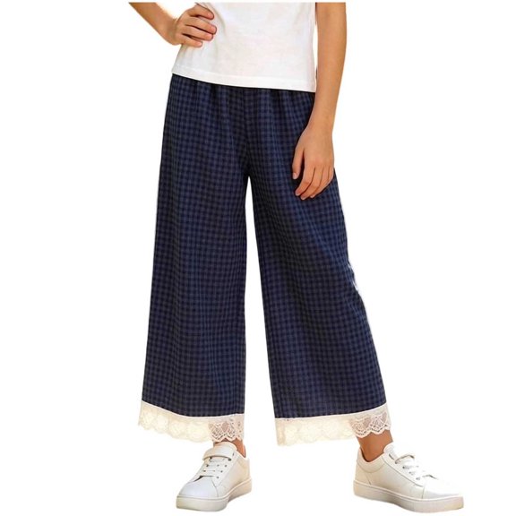 Nugftut Girls Pants Wide Leg Plaid Lace Trim Hem Casual Pants for Kids Size 2-3