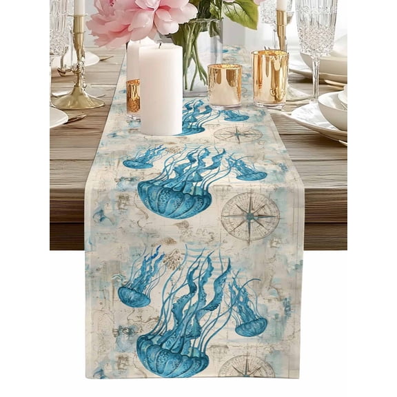 Table Runner Nautical Jellyfish Table Runners Ocean Navies Starfish Coral Shell Cotton Linen Dresser Scarf Kitchen Dining Table Decor for Home Dinner Party Decor 13x36 Inch