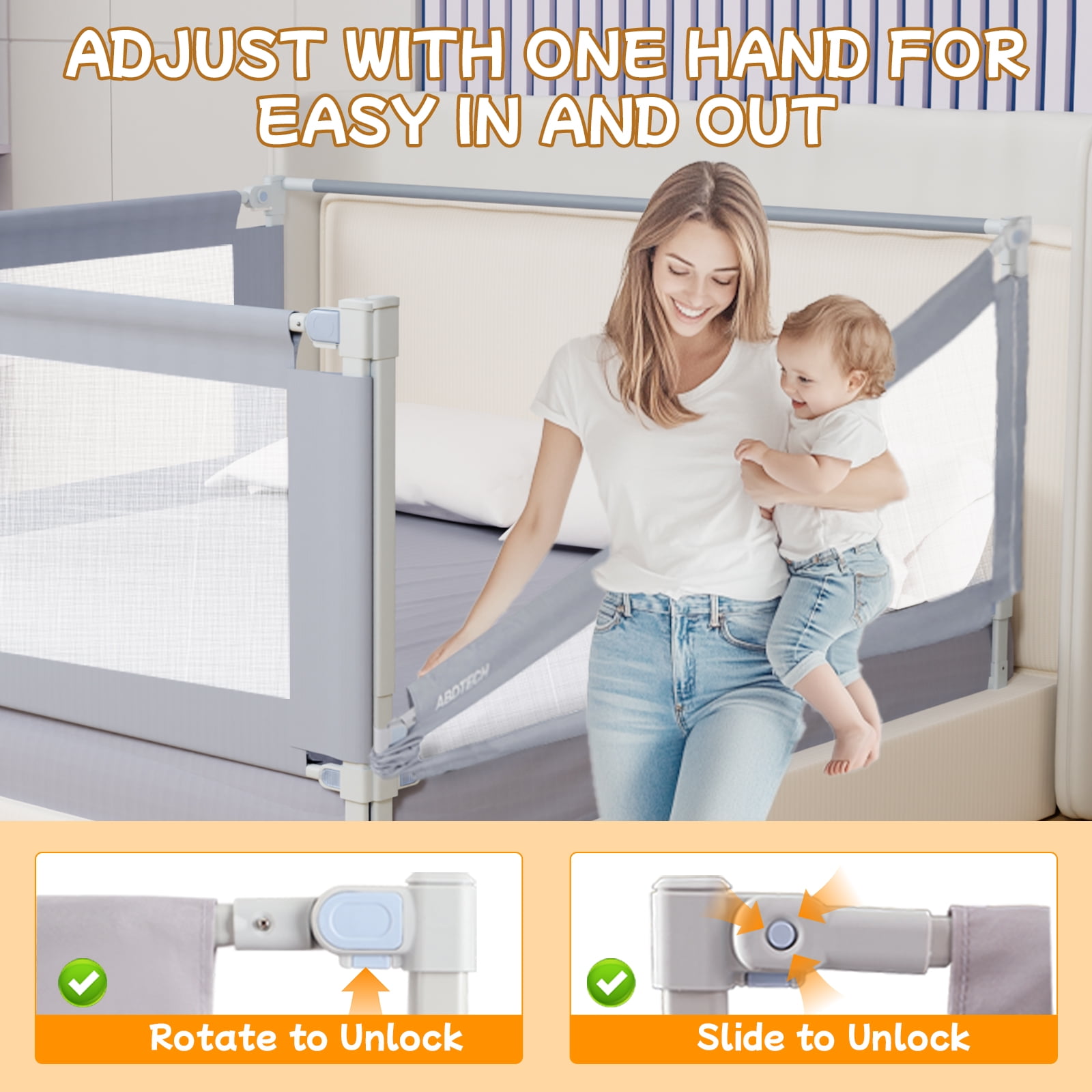 Baby Bed Guard Rail for Toddlers, 3 Packs Bed Guardrail with Protective Bar For King Size Bed 78.7x78.7x74.8”, Reinforced Large S Structure & Height Adjustable