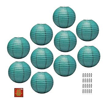 Round Hanging Lamp Paper Lantern with Led Light, Chinese Japanese Decorative Round Hanging Lamp (Teal 12 Inches 10 Packs) ()
