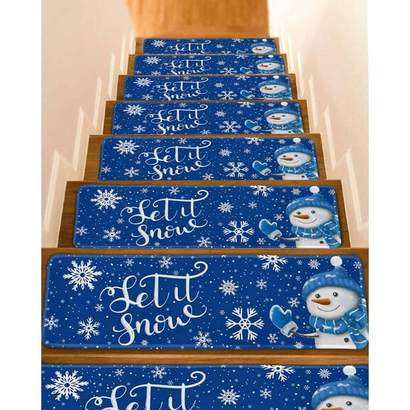 Blue Christmas, Stair Treads for Wooden Steps Indoor Runner Rug Carpet, Winter Snowflake Snowman 4 Pieces Peel and Stick Staircase Step Treads Covers Washable Throw Door Mats, 30"x8"