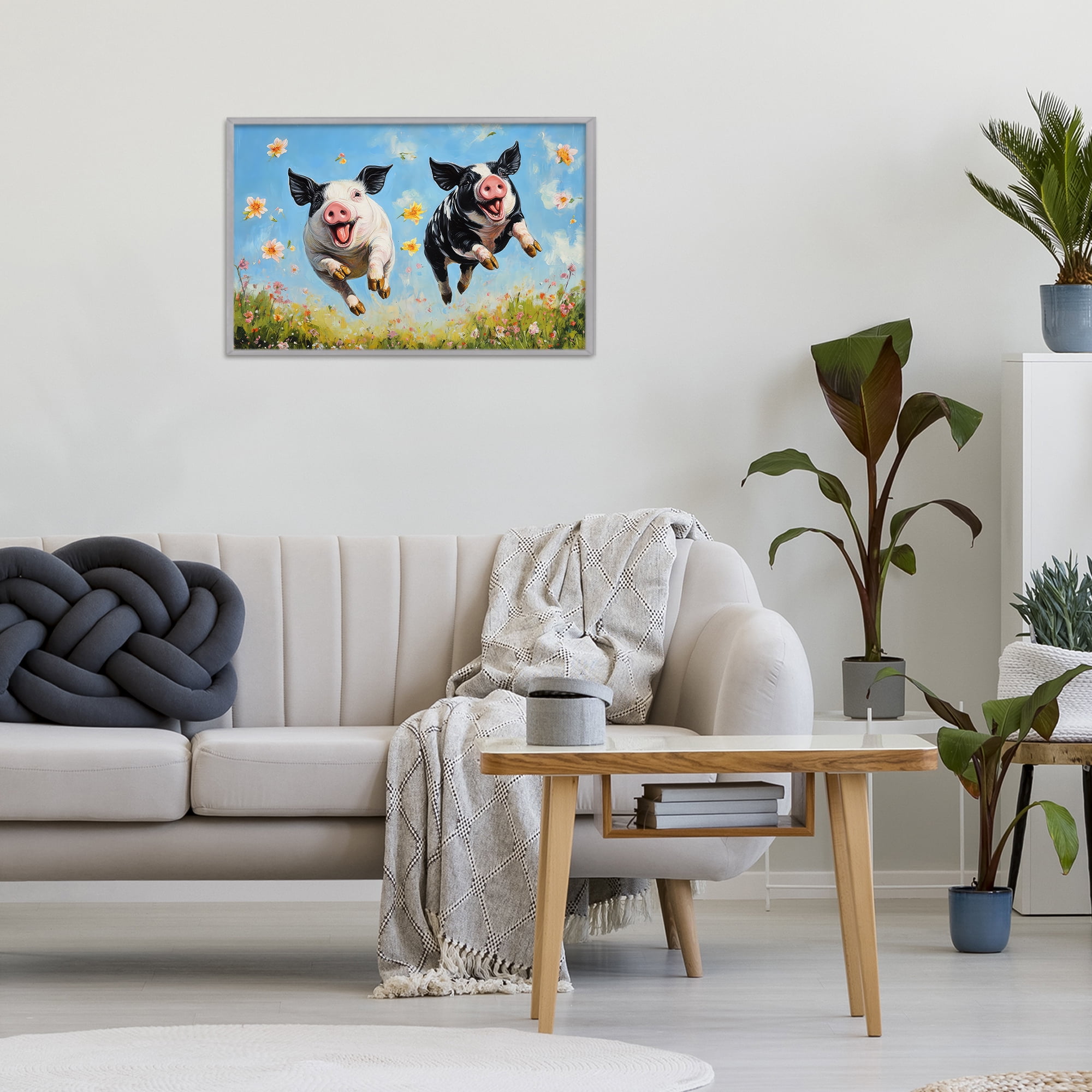Stupell Industries Flying Pigs & Flowers Gray Framed Giclee Art, design by The Wands Want