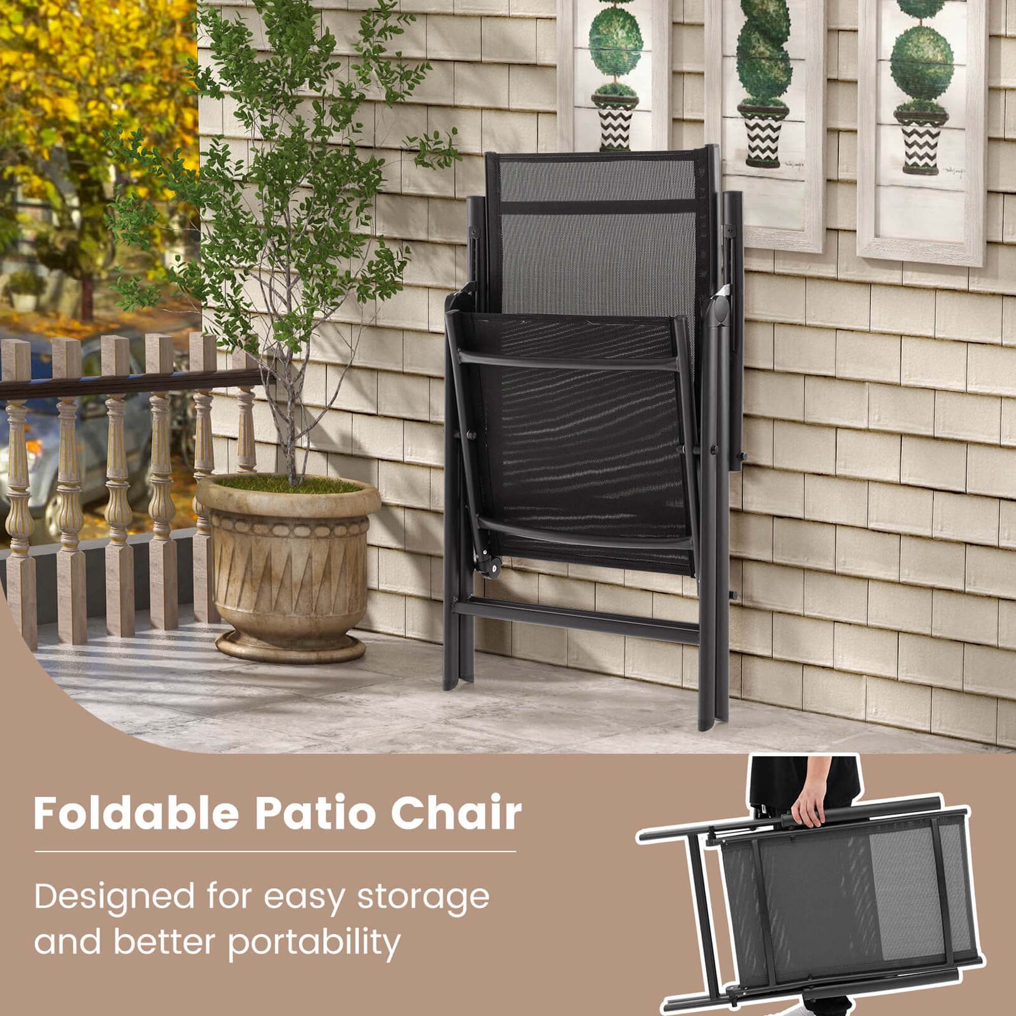 Costway 1 PCS Patio Folding Dining Chair with 7-Level Adjustable High Backrest for Garden Black