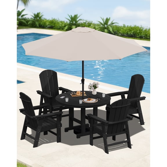 SERWALL 6-Pc Adirondack Patio Dining Sets with 9FT Umbrella, Black(No Base)