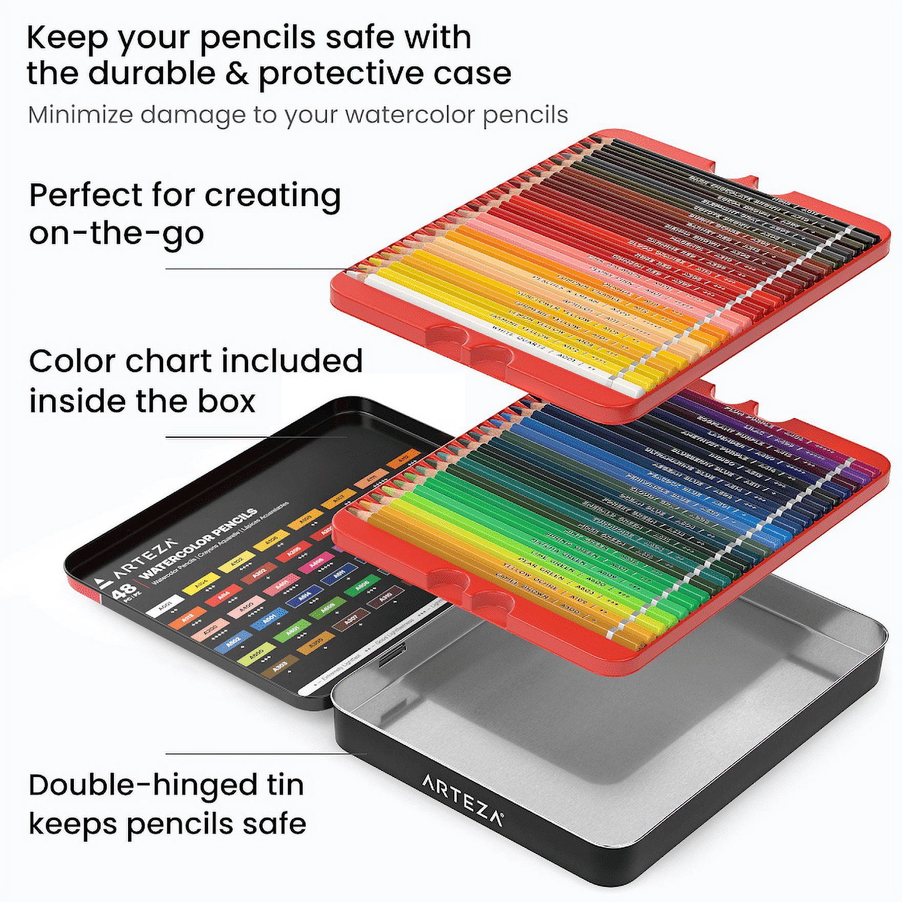 Arteza Professional Watercolor Pencils, 48 Count, Assorted Colors