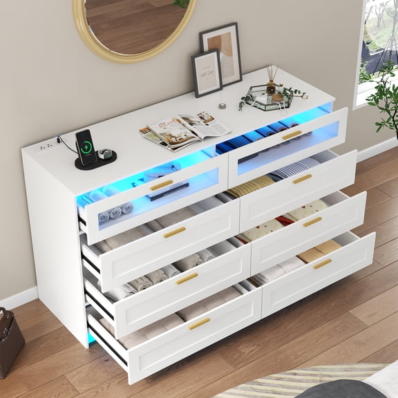 Modern White 8-Drawer Dresser with Charging Station & LED Lights, Double Wide Storage Cabinet for Bedroom, Living Room & Entryway