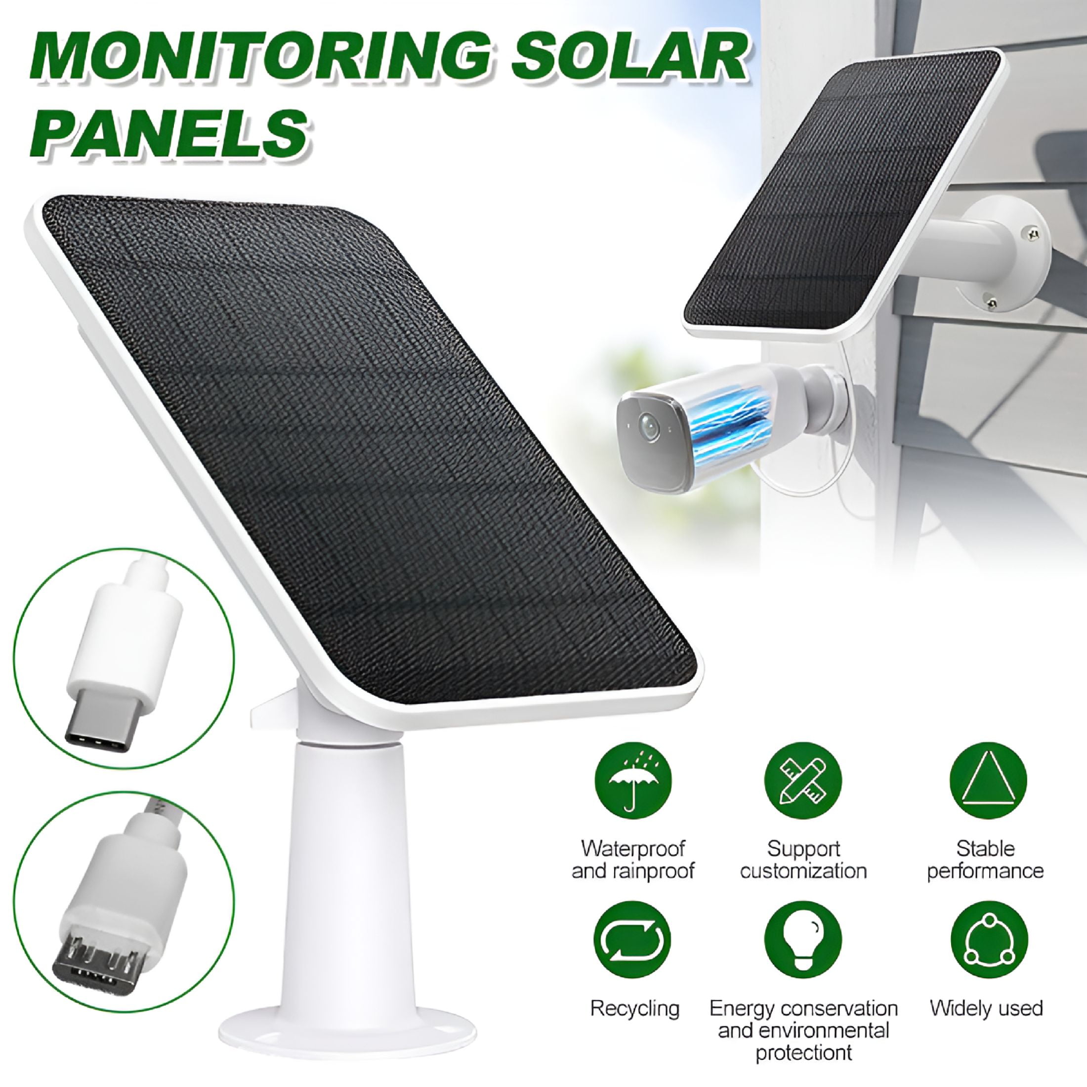 GJX 5W Solar Panels for Security Camera, Solar Panel with Micro USB & USB-C Port for DC 5V Outdoor Rechargeable Battery Camera, IP65 Waterproof, Adjustable Security Mount
