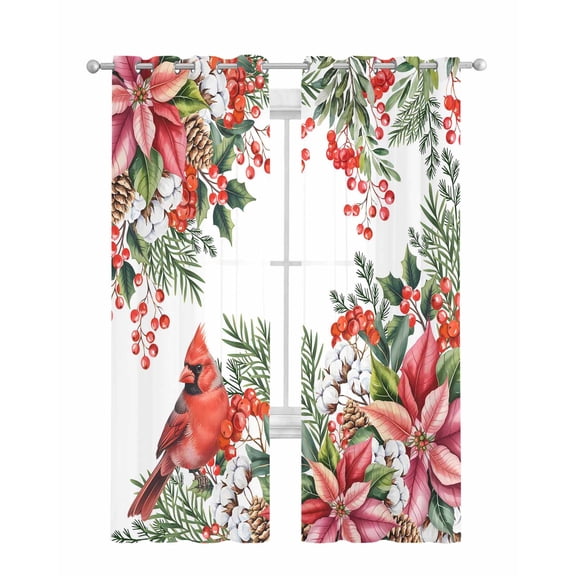 Cardinal Bird Sheer Curtains 84 Inch Length 2 Panels Set for Living Room/Bedroom, Winter Poinsettia Berry Pine Cones Floral Kitchen Curtains Grommet Semi-Sheer Curtains Window Treatments 42"x84"x2