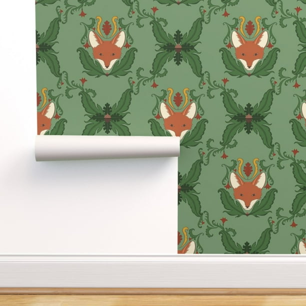 Peel-and-Stick Removable Wallpaper Fox Green Damask Nursery Decor Kids
