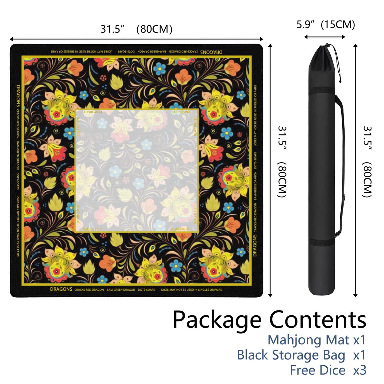 Floral Mahjong Mat with Rules, 31.5*31.5in Anti Slip American Mahjong Mat for Table, Noise Reduction, Neoprene Mah jongg Mats with Carrying Bag & 3 Dices, Mahjong Set Gift, Board Tile Games Mats