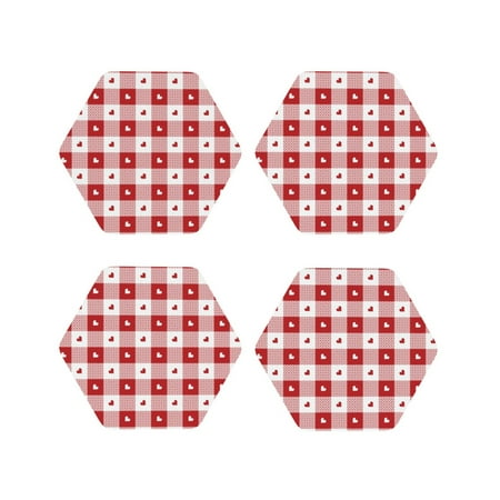 

Fuzoiu Plaid Heart Print Leather Coasters Set Drink Coasters Set of 4 for Tabletop Protection Durable PVC Coasters Home Décor and Housewarming Gift-Hexagon