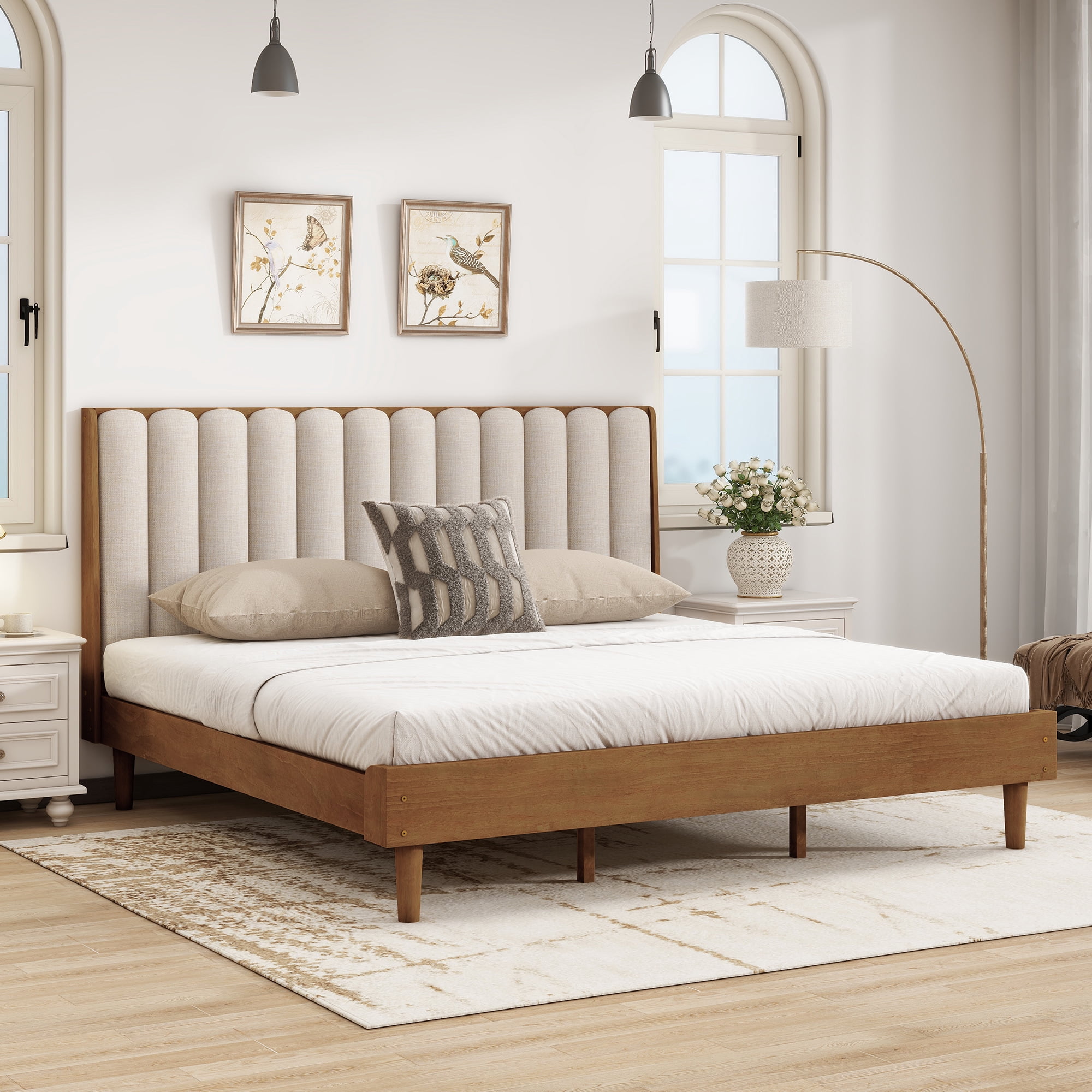 HOQBN King Size Wood Bed with Piano Key Style Upholstered Headboard , Wood Bed with Strengthened Bed Frame, Wheat
