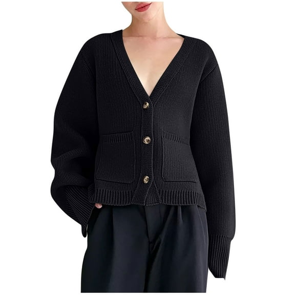 Sweatshirts for Women, Womens Deep V Neck Cardigan Sweaters Open Front Button Down Long Sleeve Cropped Knit Coats with Pockets