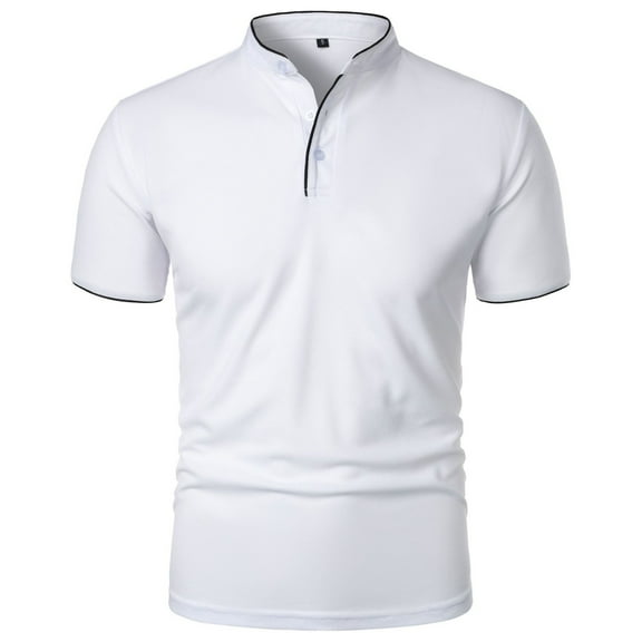 LEKWK Golf Shirts for Men Contrast Trim Stand Collar Short Sleeve Shirts Button Placket Casual Shirts Solid Pique Texture Breathable Tennis Summer Work Tee