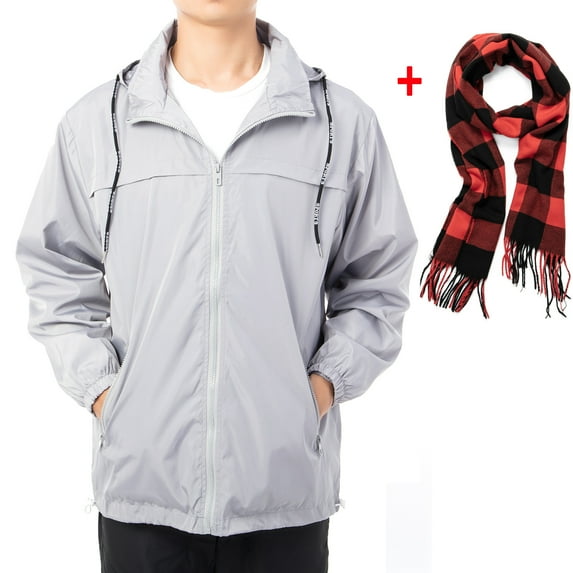 LELINTA Men's Big and Tall Outdoor Lightweight Windbreaker Jacket with Warm Scarve Hooded Waterproof Rain Jacket Drawstring Hooded Zip-Up Sport Windbreaker, up to Size 8XL, Black/ Grey