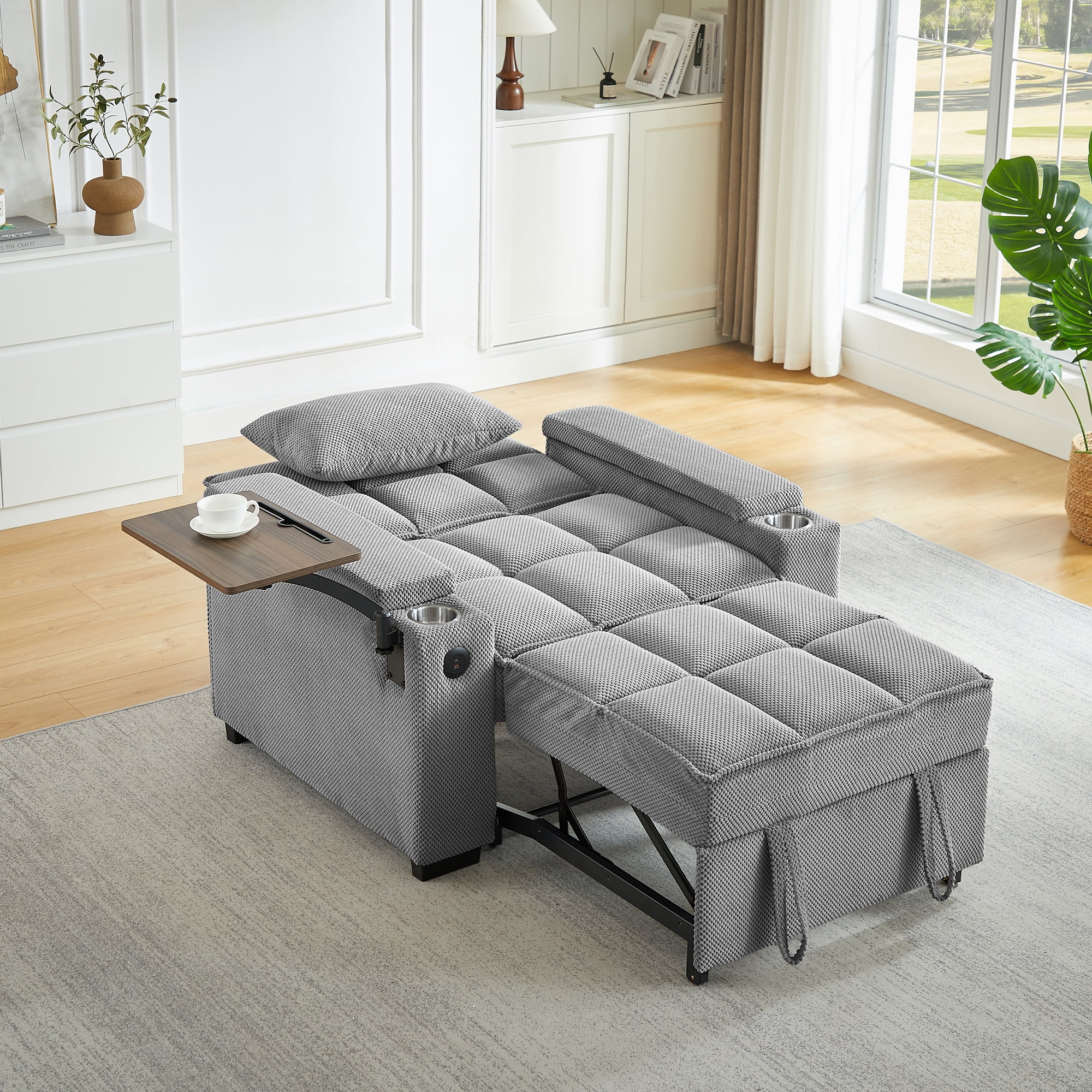 Gewnee 3-in-1 Convertible Sleeper Chair with Adjustable Backrest,Pull-Out Single Sofa Bed with Swivel Side Table & USB Ports & Cup Holder,Perfect for Dorms,Offices.Light Grey