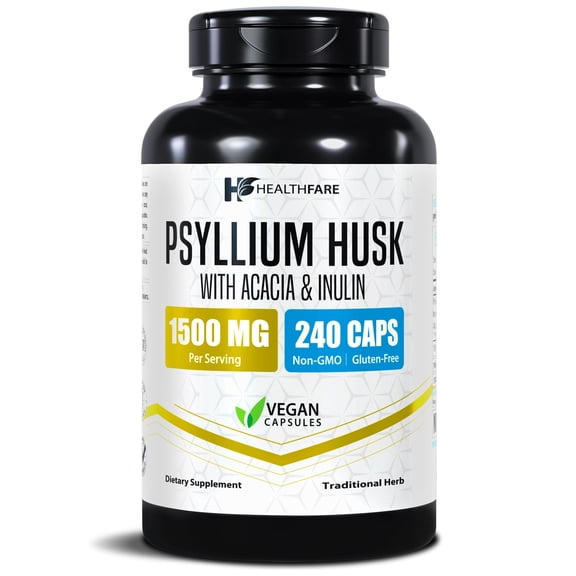 HealthFare Psyllium Husk Fiber 1500mg | 240 Vegan Capsules | Extra Strength Fiber Supplement | Non-GMO, Gluten-Free | Made in USA