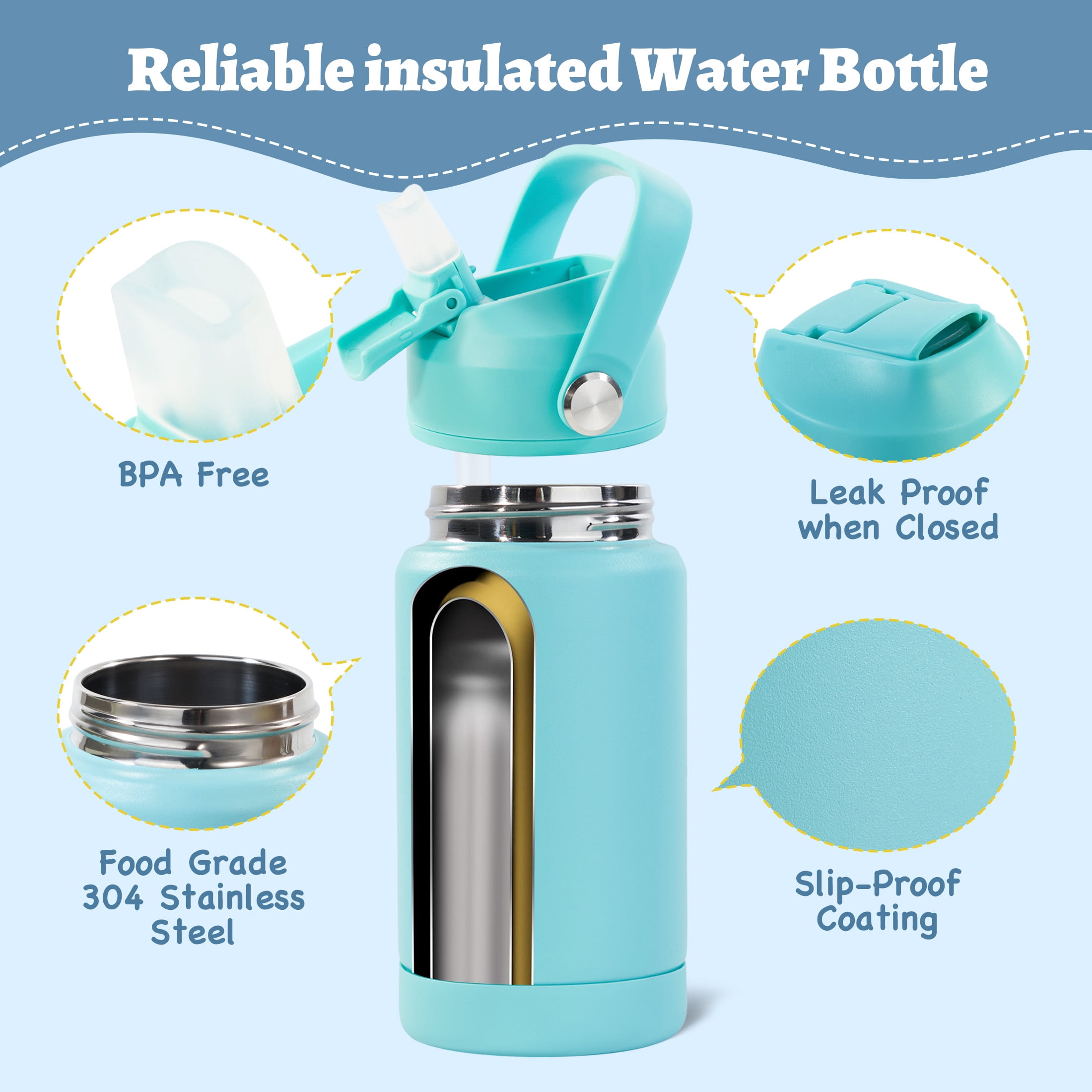 Hawsaiy 12oz Kids Insulated Water Bottle 2-Pack with Straw Lid, Leak-Proof Stainless Steel BPA-Free Thermos for School Boys and Girls