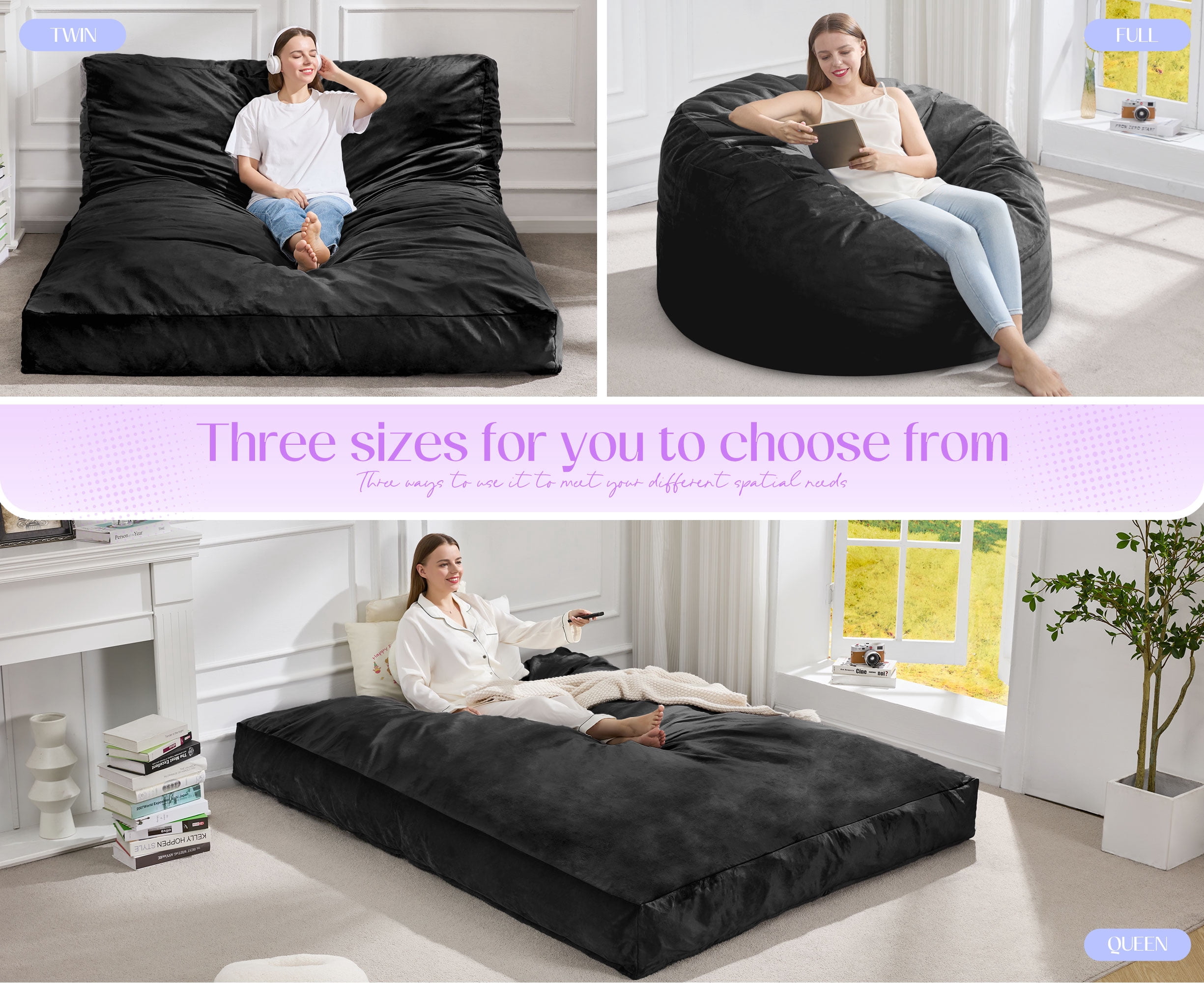 Hobestluk Bean Bag Chair 3 in 1 Beanbag Chairs for Adults, Large Bean Bags with Removable Velvet Cover, Convertible Adult Bean Bag Chair for Living Room, Bedroom, Playroom (Black, Queen)