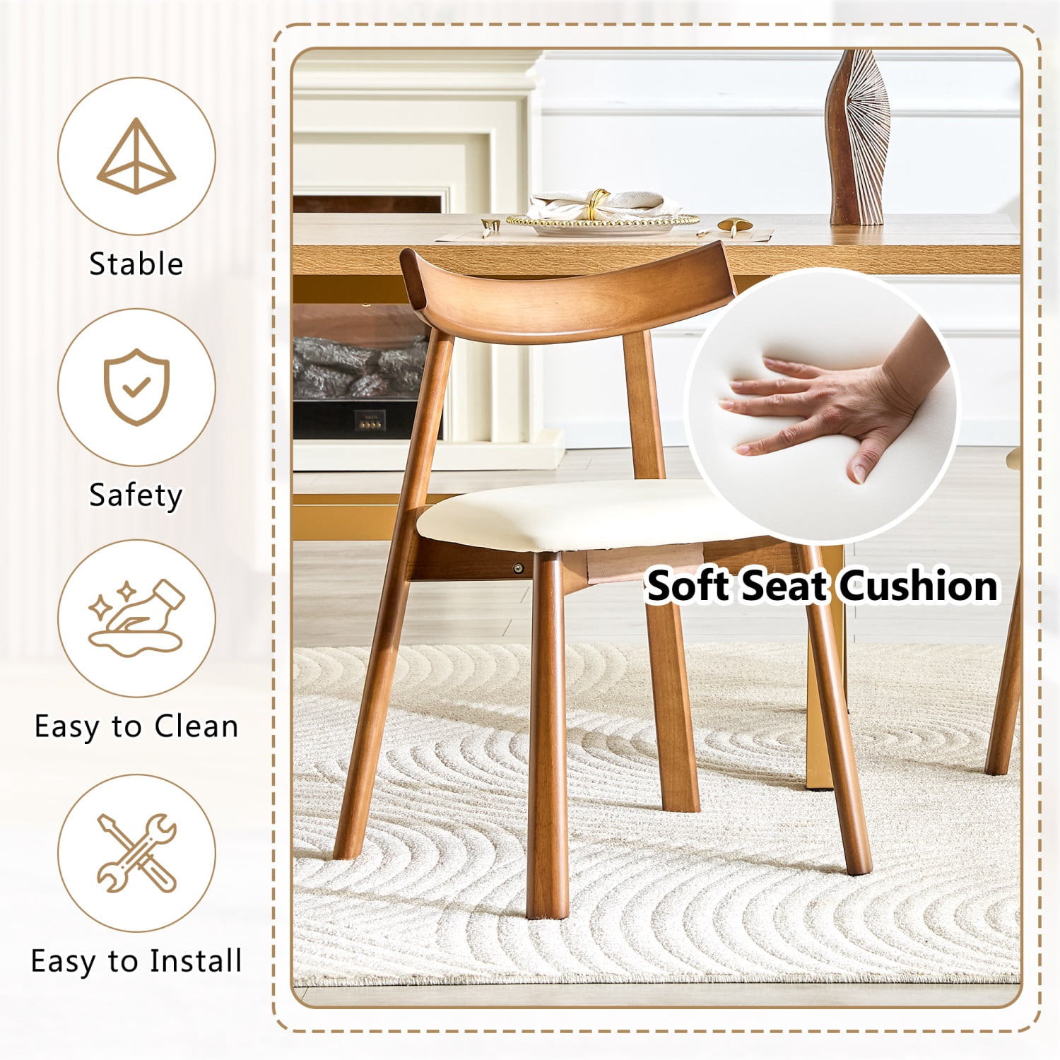 Hommoo 2-Pack Solid Wood Dining Chairs with PU Cushions, Ergonomic Curved Backrest, X-Frame Stability, Modern Farmhouse & Scandinavian Style, Beige & Walnut