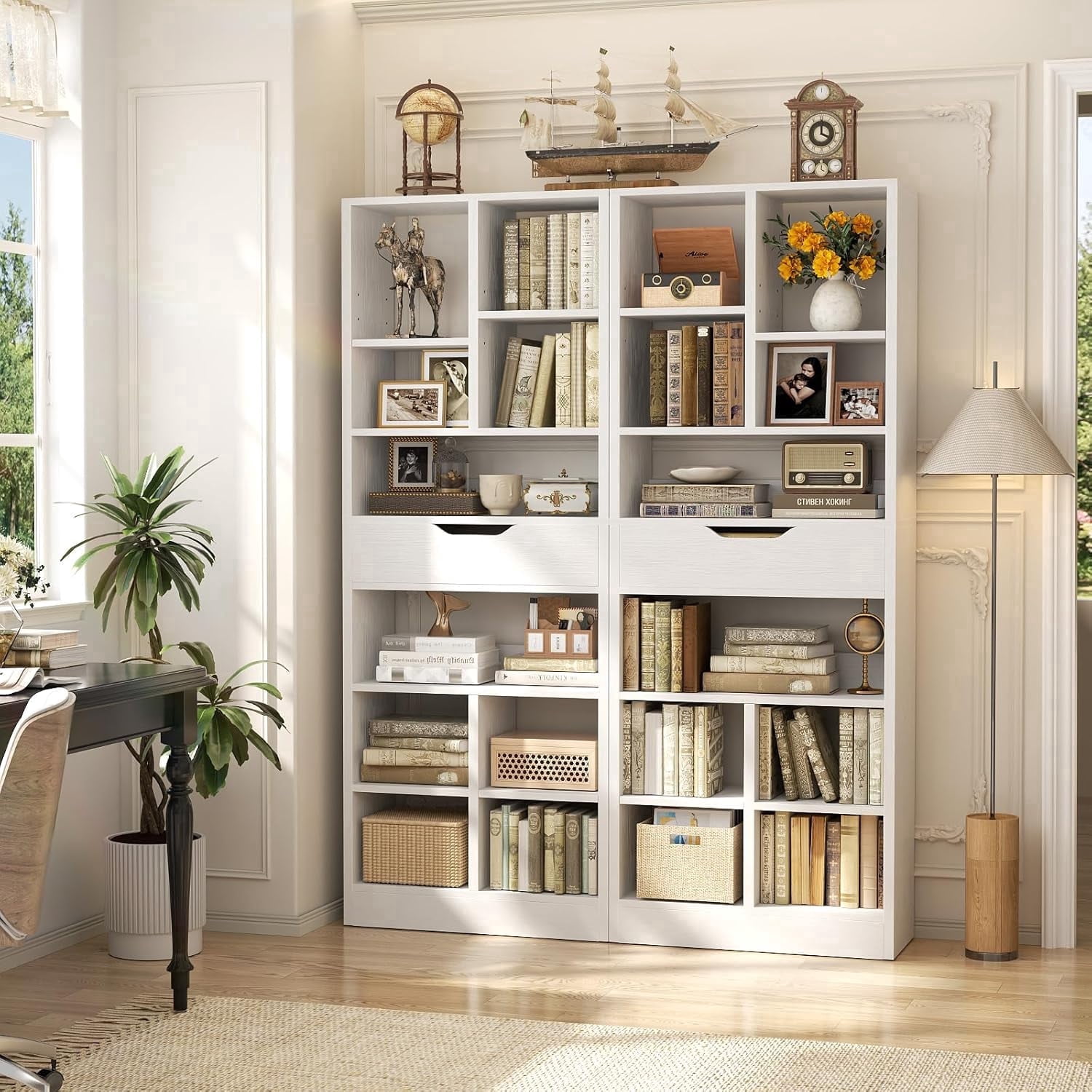 Homieasy 73.6''Tall 10-Cube Bookcase with Drawer and Adjustable Shelves, Wooden Bookshelf for Living Room, White