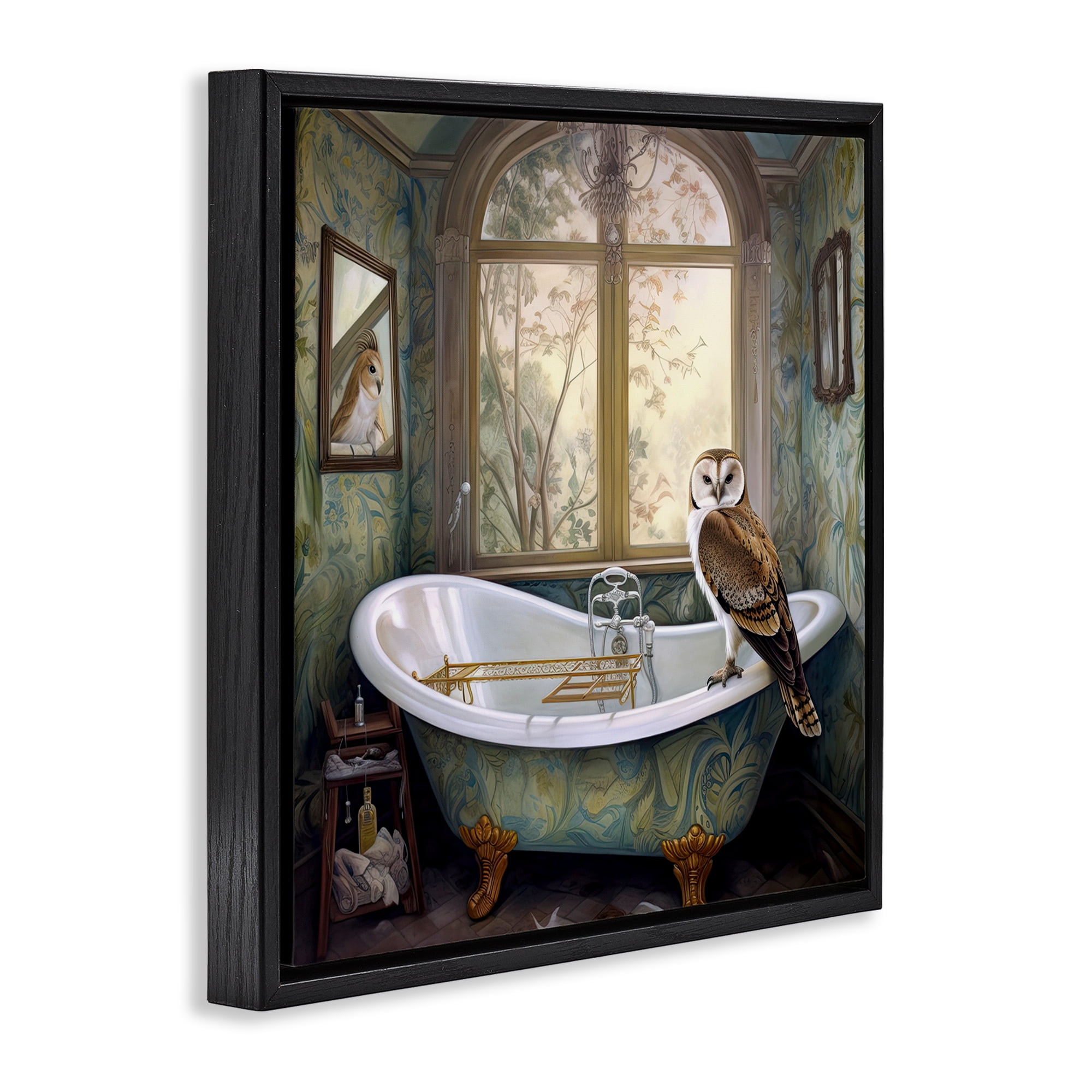 Paisley Patterned Owl Bathtime Black Framed Floater Canvas Wall Art, design by Sasha