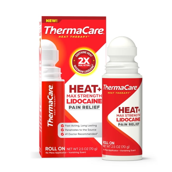 ThermaCare Heat   Max Strength Lidocaine Roll-On, Dual Action Pain Relief with Patented Heatwave Technology, Targeted No-Mess Relief for Back, Neck, Muscles & Joints