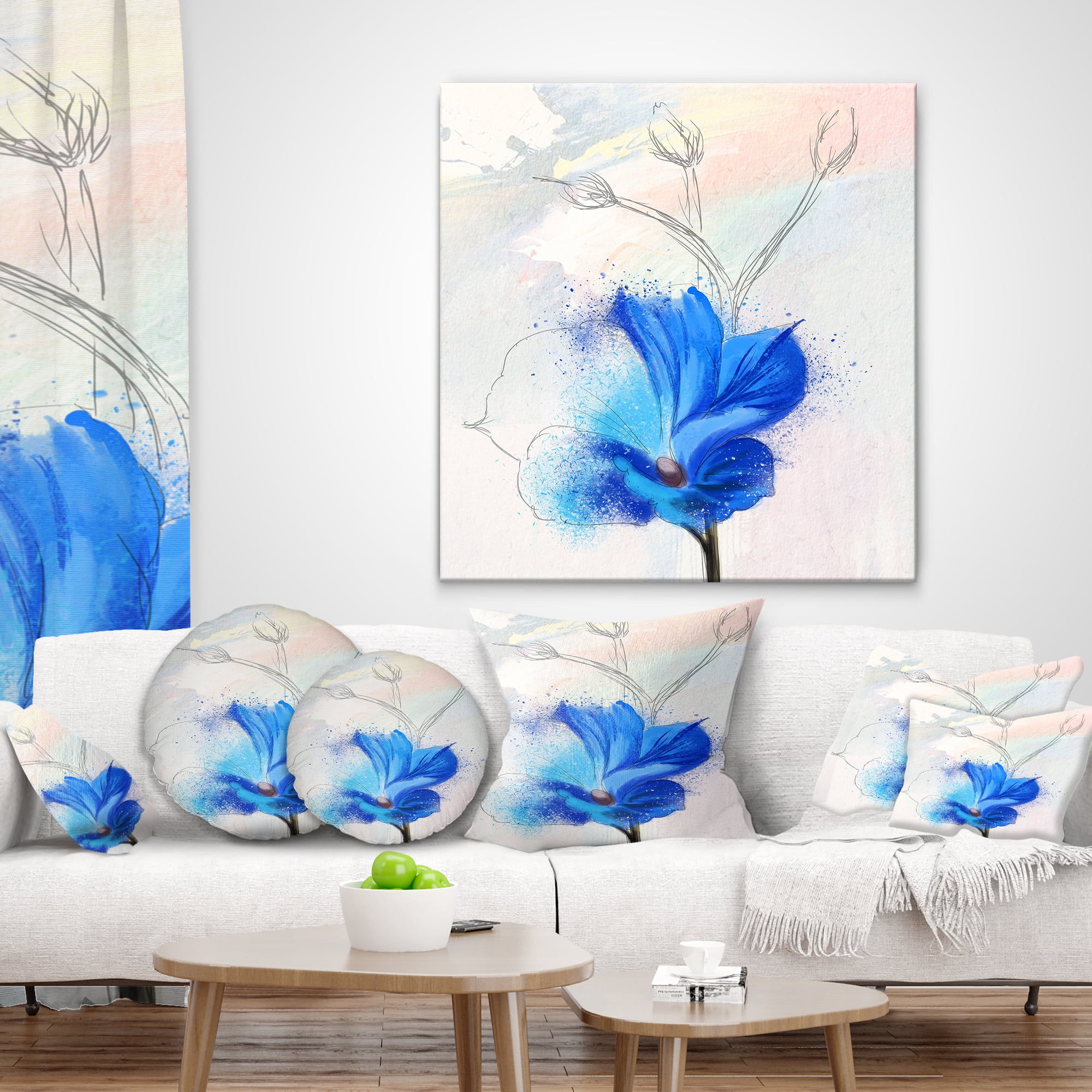 Designart Beautiful Blue Flower Watercolor - Floral Throw Pillow - 16x16