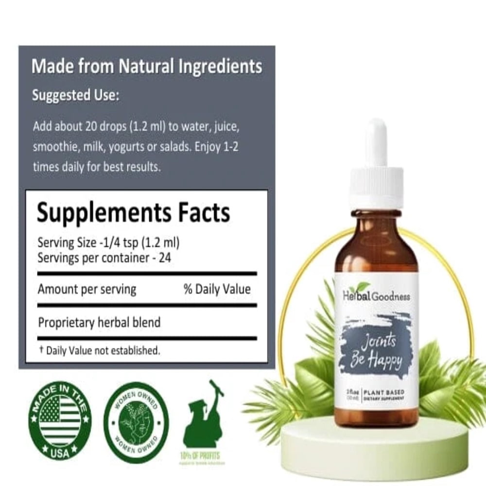 Joints Be Happy - Joint & Bone Support Supplement for Men & Women, Relief, Boswellia, Turmeric, 2fl. oz - Herbal Goodness