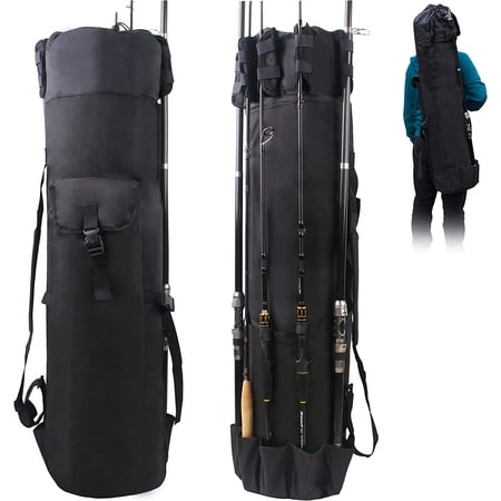 Multifunction Fishing Pole Bag - Waterproof Rod Reel Bag Carrier Case Durable Canvas Tackle Large Storage Gift for Men Travel Black