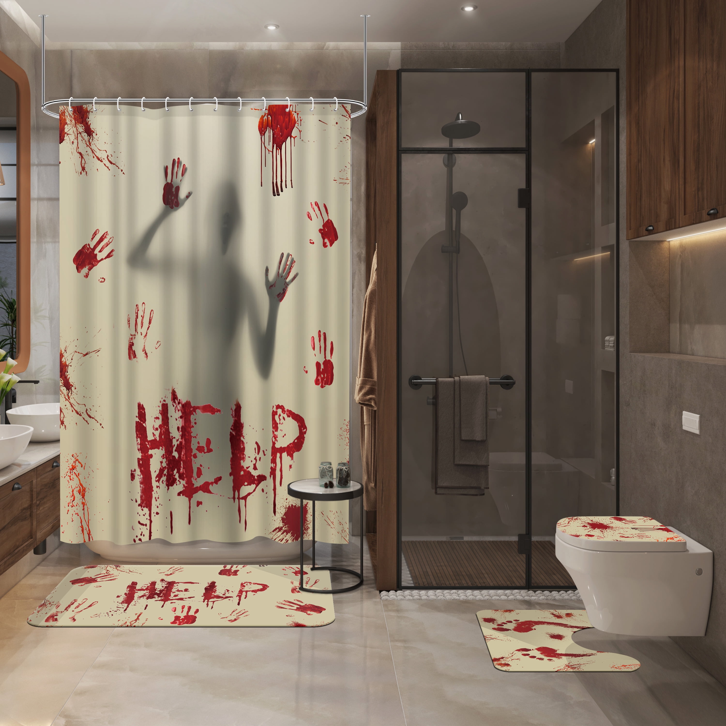 4pcs Halloween Shower Curtain Set Help Me Bloody Hands Horror Bathroom Curtain & Bathtub Decor Waterproof Fabric with 12 Hooks
