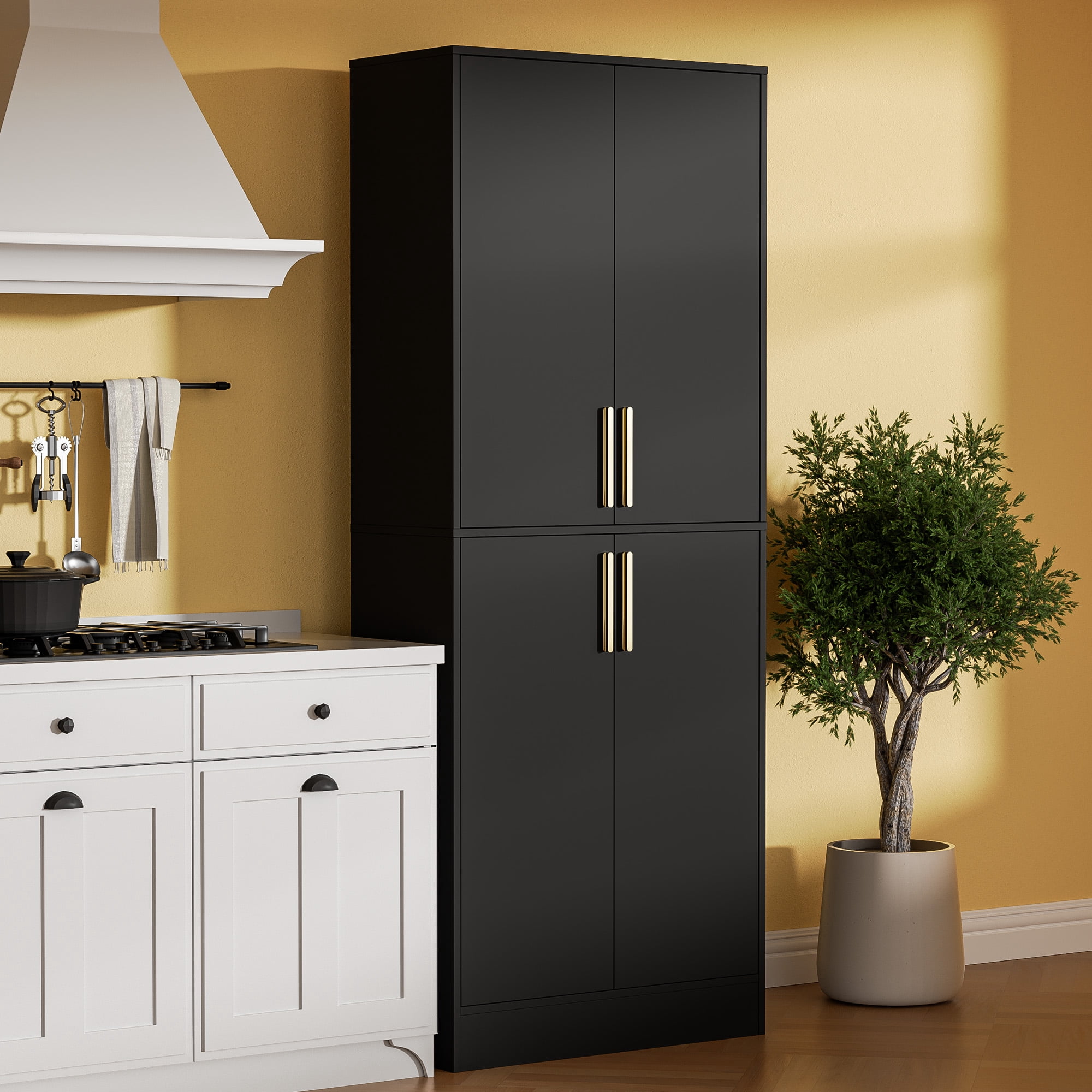 71" Tall Kitchen Pantry Storage Cabinet, Pantry Cabinet with 4 Doors, Freestanding Larder Cupboard, Kitchen Hutch with Gold Handles for Dining Room, Bathroom, Black