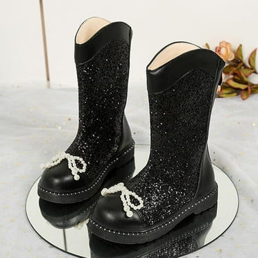NAISIBABY Mid-Cut Boots for Girls, Sequined Bowknot Comfort Heels Zipper Kids Fashion Princess Boots Black