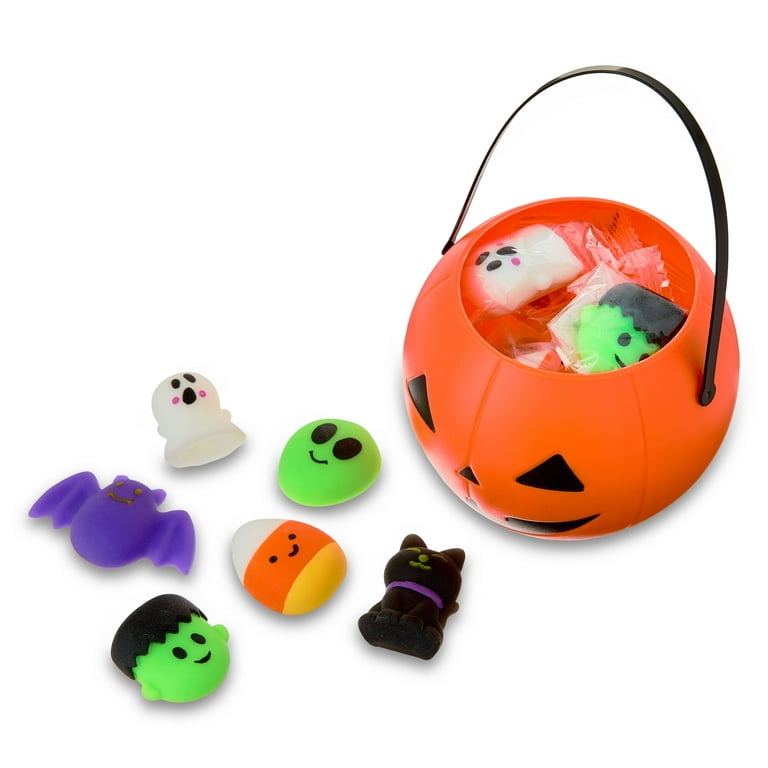 Squish Animal Party Favors in Jack-o'-Lantern Treat Pail