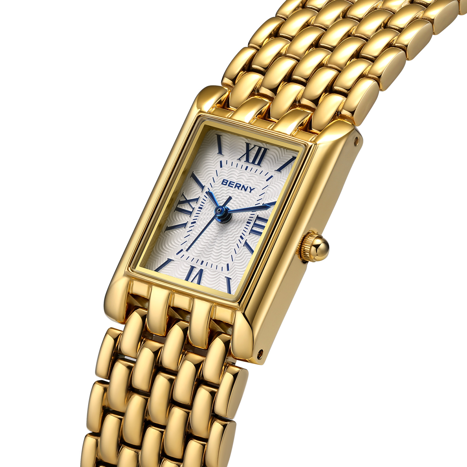 BERNY Small Gold Watches for Women, Luxury Vintage Rectangular Case Roman Dial, Dainty Stainless Steel Bracelet Watch, Adjustment Tool Included, Waterproof, Womens Gold Watch Gifts (White)