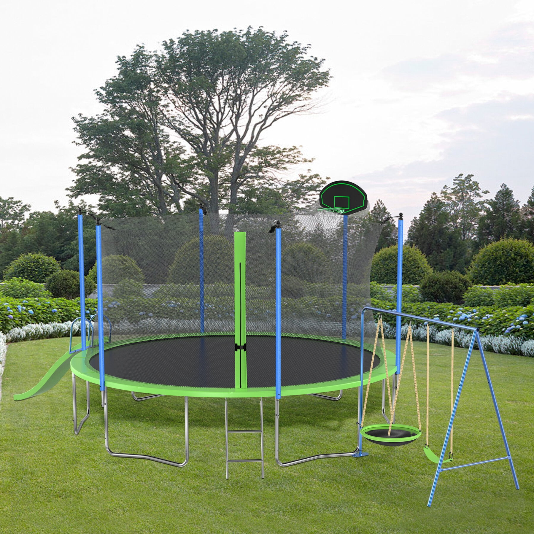 ARCTICSCORPION Trampoline with Slide Swings and Basketball Hoop, Green, 254.00" x 144.00" x 121.20"