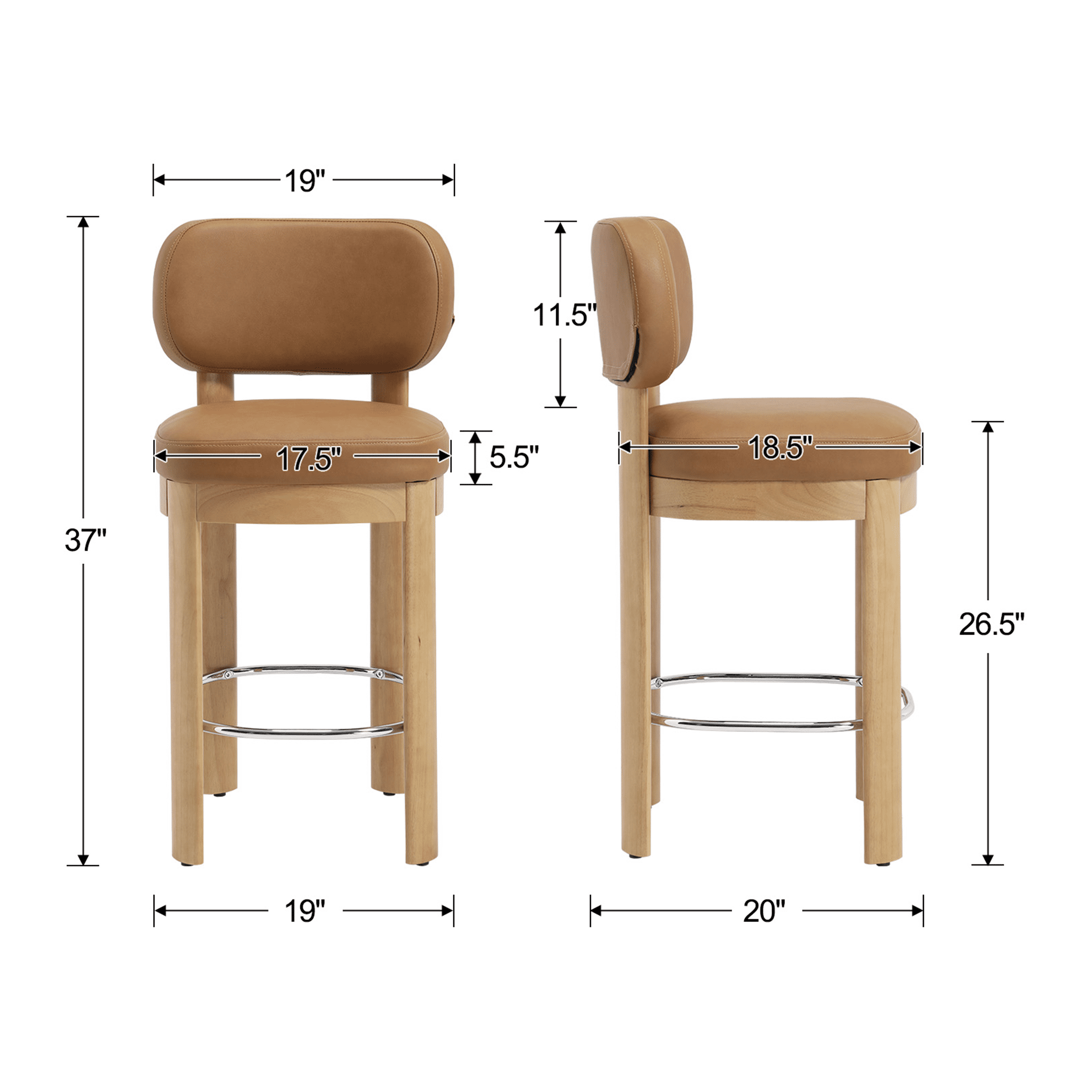 Guyou 26" Bar Stools Set of 4, Modern PU Upholstered Counter Height Bar Stools, Farmhouse Armless Bar Chairs with Solid Wood Legs & Padded Back for Kitchen Island/Dining Room Bar, Brown