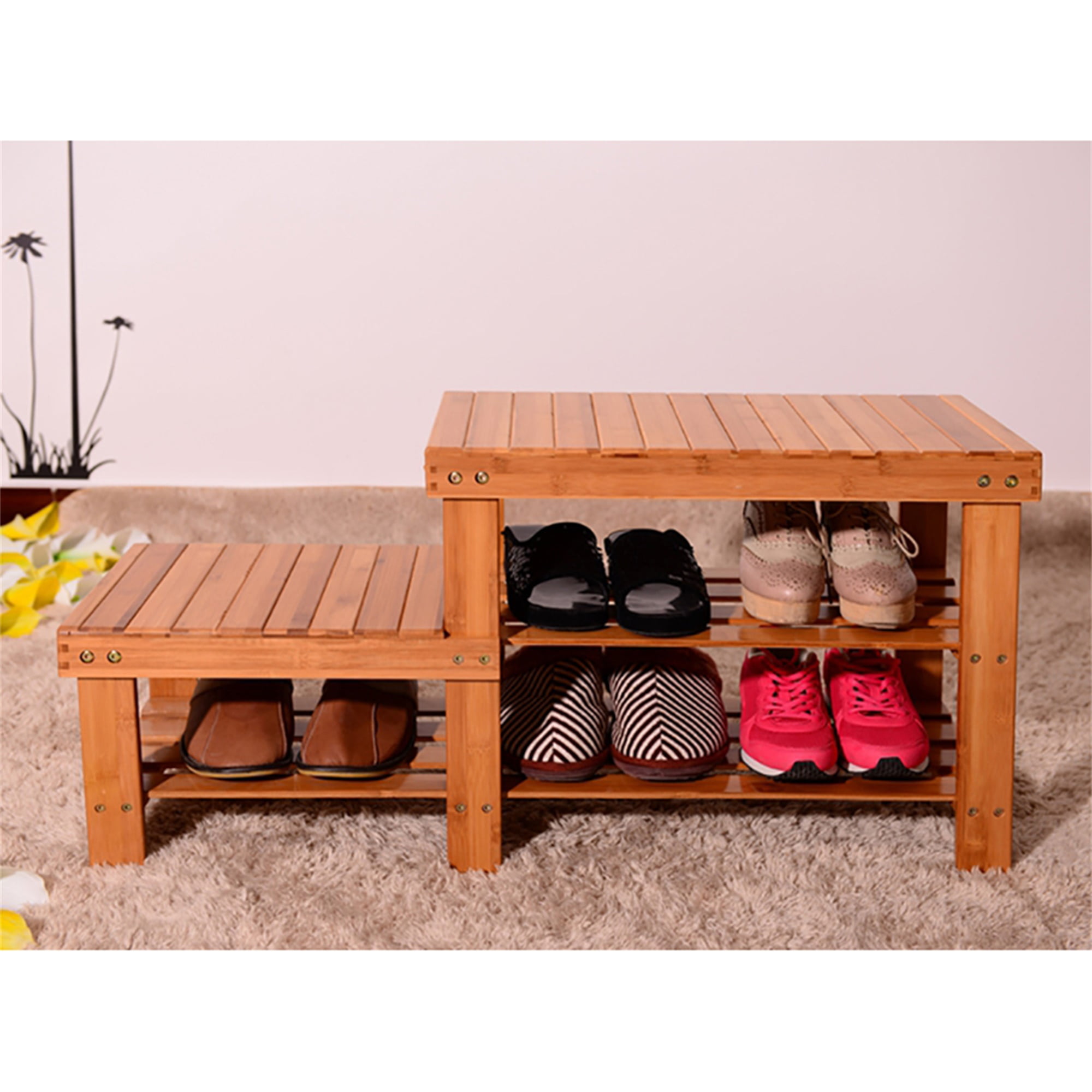 Kadyn Bamboo Stool Shoe Rack, Shoe Rack Bench with Boots Compartment, Entryway Bench for Kids, Wood Color