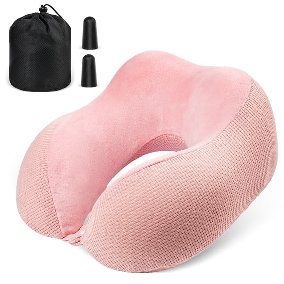 Fosmon Memory Foam Travel Neck Pillow for Plane, Soft Foldable Adjustable Support Chin Neck Cushion for Adults Sleeping on Airplane with Washable Cotton Cover and Ear Plugs - Pink