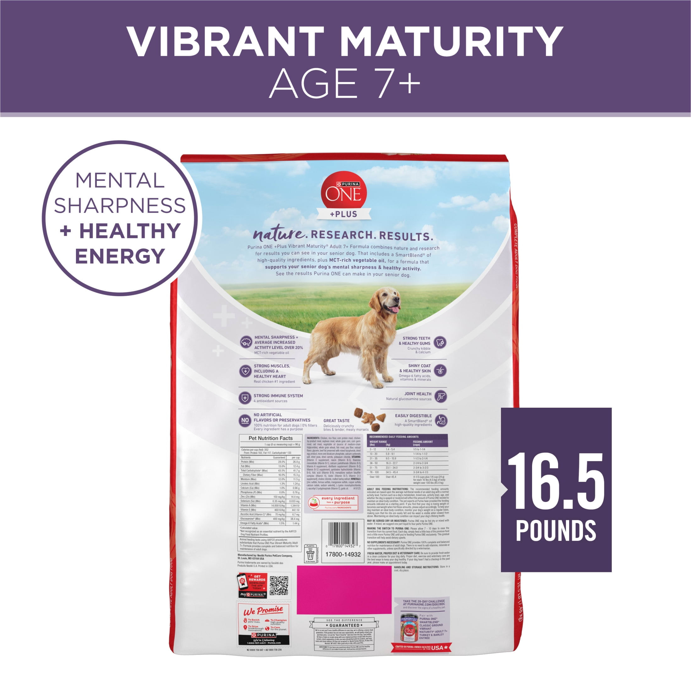 Purina One +Dry Dog Food for Senior Dogs Vibrant Maturity Adult 7 Plus, Real Chicken, 16.5 lb Bag