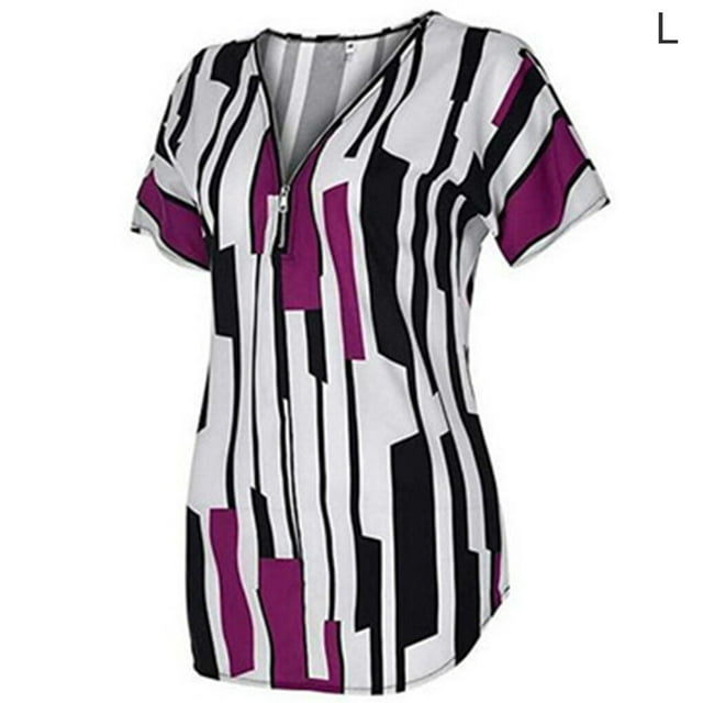 T-shirt pour Femme à Col en V à Rayures Haut à Manches Courtes Manches Courtes Fermeture Éclair Fermeture Éclair Blouse Ajustée, Violet, G