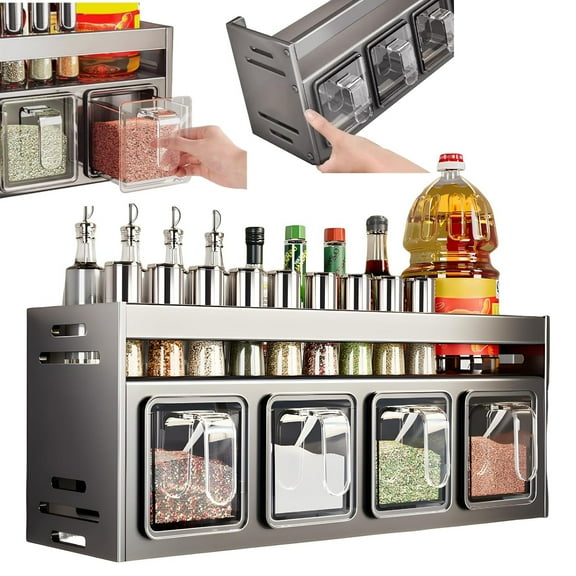 Kitchen Spice Rack with Punch-free Wall Mount, Over Stove Hanging Shelf, Stainless Steel, for Seasoning Jar Organizer