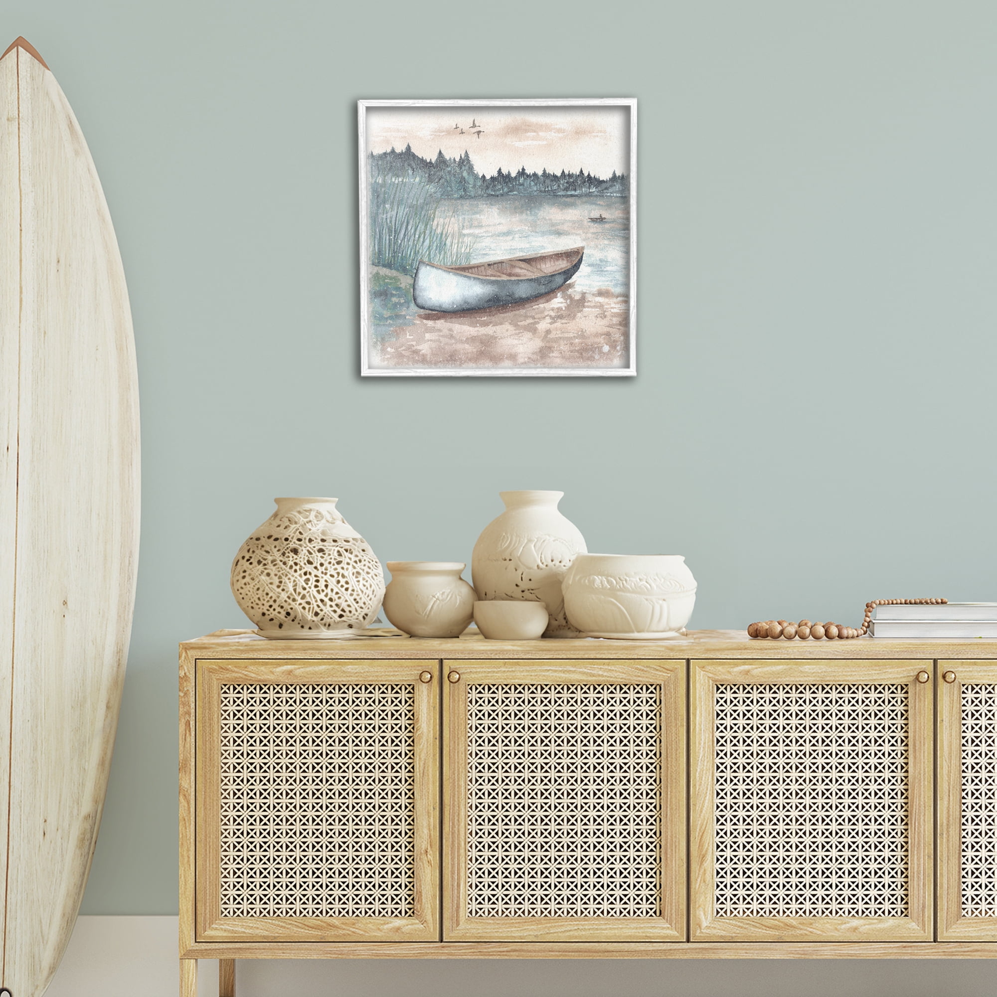 Stupell Industries Canoe on Lake Shore Landscape Painting White Framed Art Print Wall Art, 24 x 24