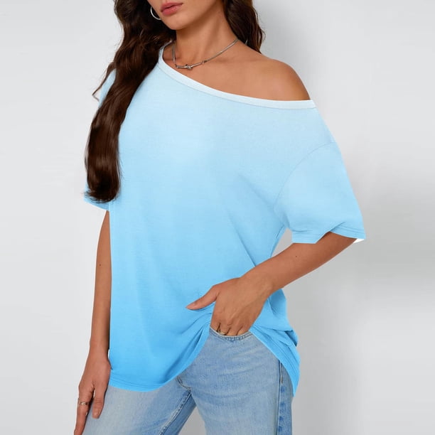 TaTaai Off Shoulder Loose Short Sleeved Home Top, Women Slanted Neck Printed Style, Regular Length, Spring Summer Daily Leisure Clothing Gift